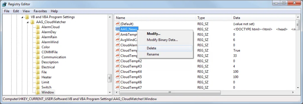 Windows Registry Editor—deleting the AAG_News key under AAG_CloudWatcher\Window