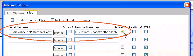 Cumulus Internet Settings—Files tab showing local/remote filenames and the Process checkbox