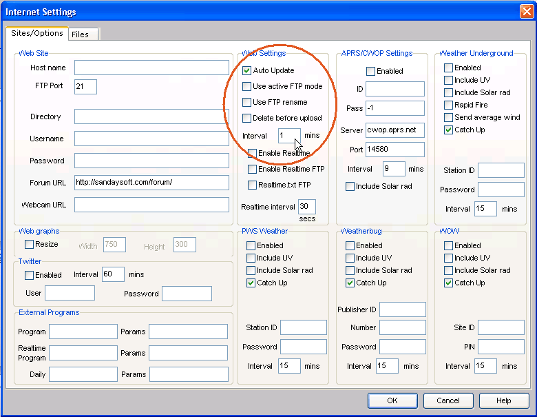 Cumulus Internet configuration window with autoupdate and interval set