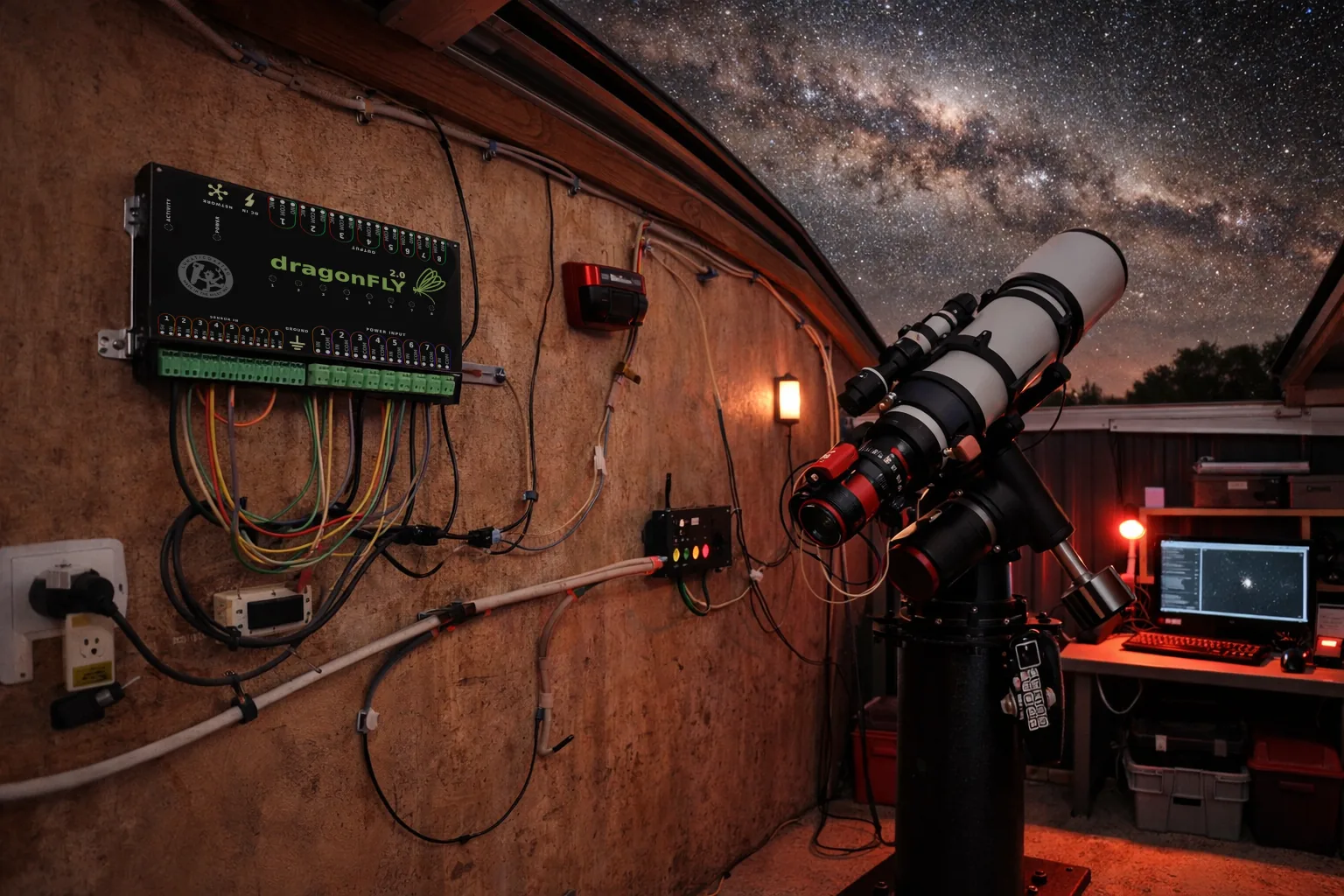 A DragonFly wired to the wall of a roll-off roof observatory, telescope on its pier under the Milky Way and capture software running on the screen