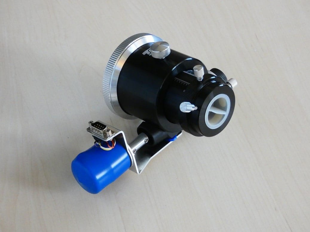 A GSO focuser with a Lunatico plate and cylinder, and the stepper motor with its DB9 connector mounted alongside
