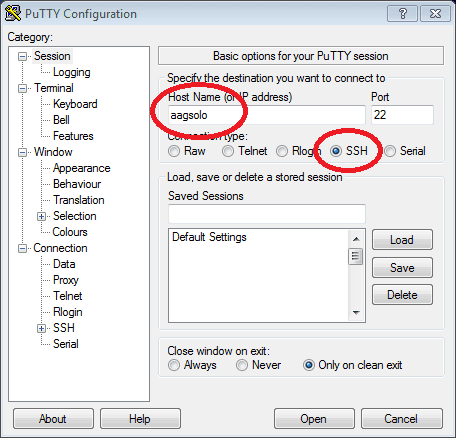 The PuTTY configuration window with the host name set to aagsolo and the connection type set to SSH on port 22, both circled.