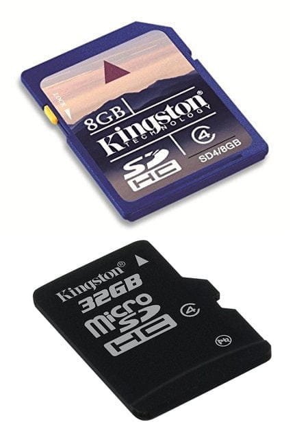 An 8 GB full-size SDHC card and a 32 GB microSDHC card