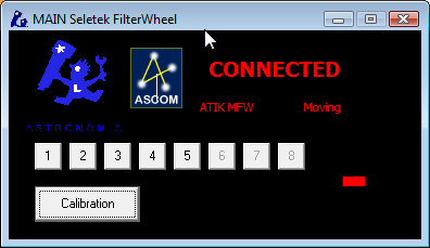The MAIN Seletek FilterWheel window, showing CONNECTED, an ASCOM badge, the driver name ATIK MFW and the status Moving, with position buttons 1 to 8 where 6, 7 and 8 are greyed out, and a Calibration button.