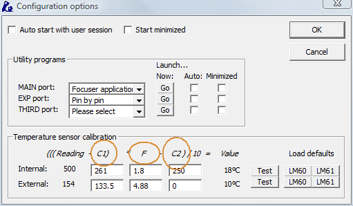 The Configuration options dialog, temperature sensor calibration section, with the C1, F and C2 fields circled for both the internal and external sensor rows.