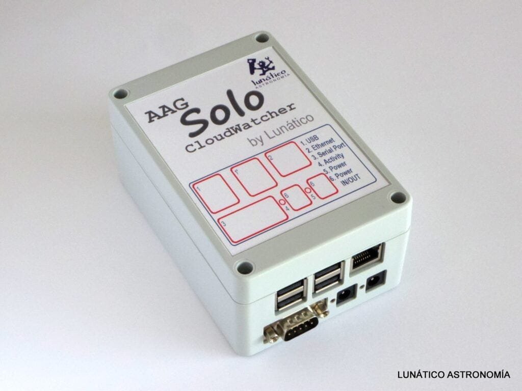 An AAG Solo CloudWatcher unit, its lid labelled with the position of each connector: USB, Ethernet, serial port, activity LED, power and power in/out. The connectors themselves are visible along the front edge.