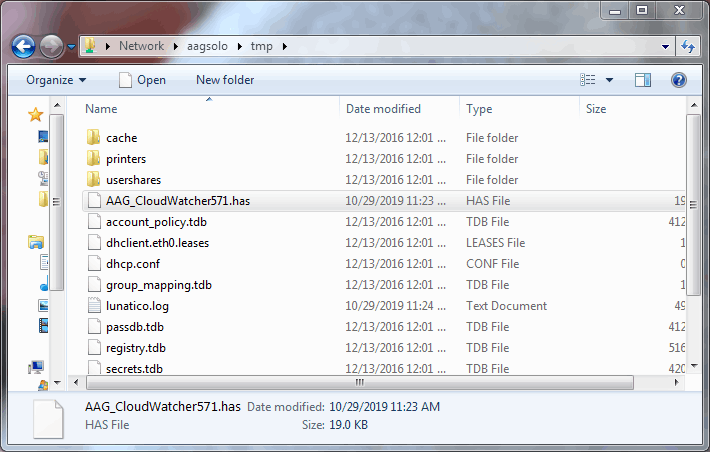Windows File Explorer at Network, aagsolo, tmp. Among the Samba working files, the transferred firmware file AAG_CloudWatcher571.has is selected, 19 KB in size.