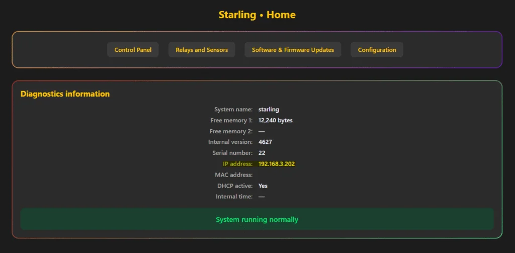 Starling Home page in its own web interface, with the Diagnostics information box listing system name, internal version, serial number, IP address and DHCP active