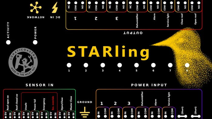 Starling connection label showing all inputs, outputs and power terminals