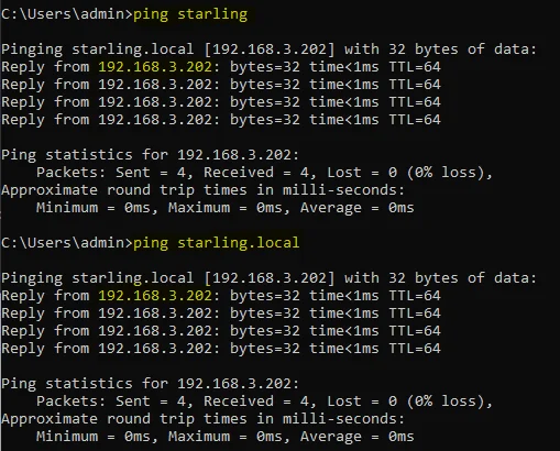 Windows command prompt showing ping starling and ping starling.local, both getting four replies from 192.168.3.202