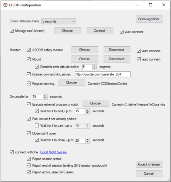LLLOD configuration — roof, mount, internet, program monitoring, GNS reporting settings