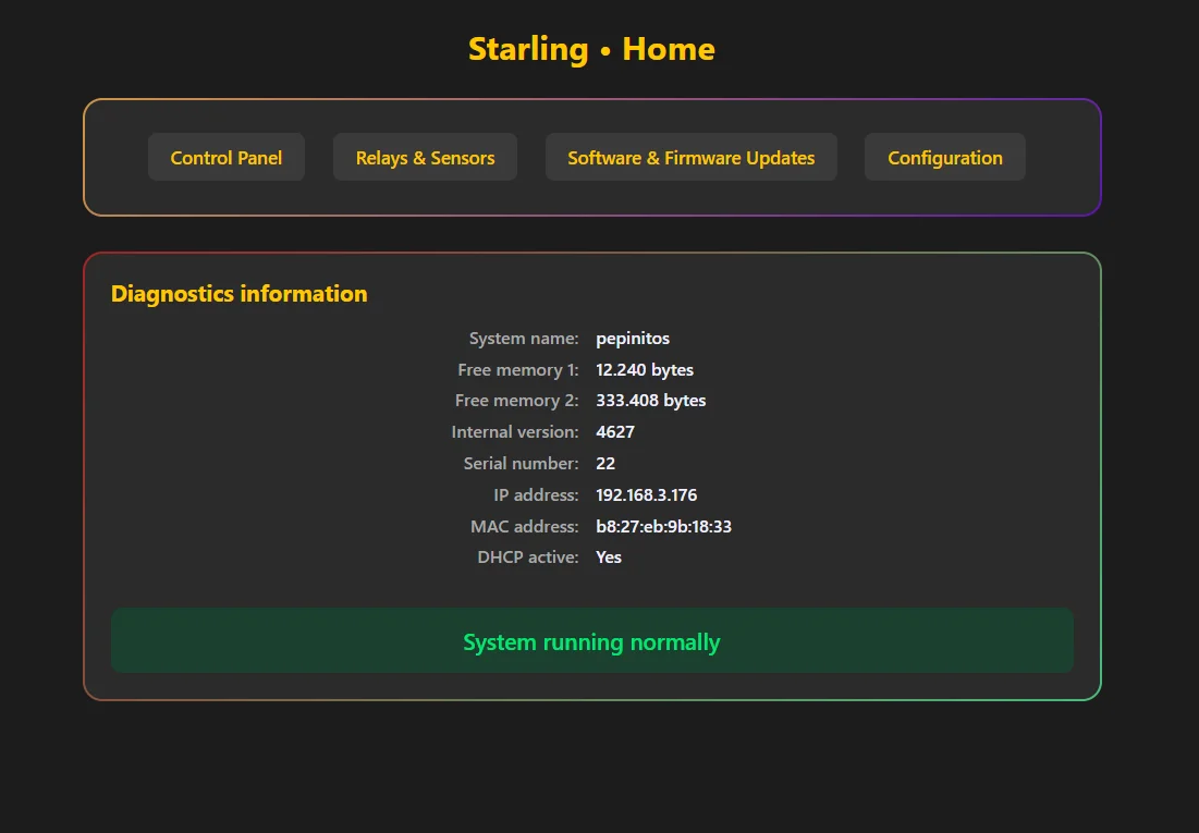 Starling Sentinel interface — Home page showing diagnostics: system name, firmware version, IP address and system running normally
