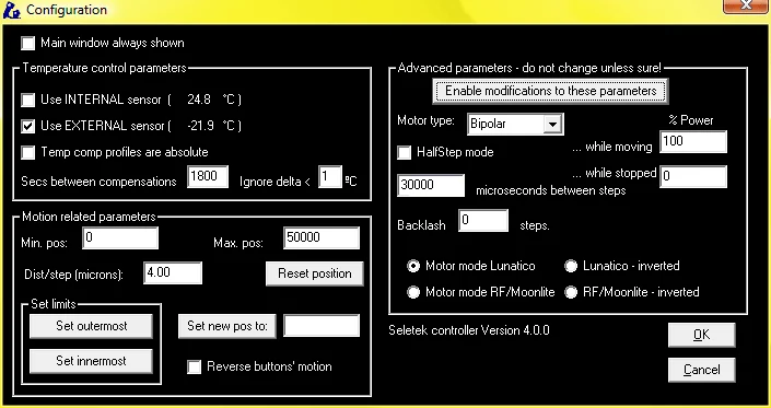 Seletek software configuration screen for FeatherTouch stepper motor
