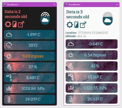 PocketCW desktop app — dual window view with all sensor readings
