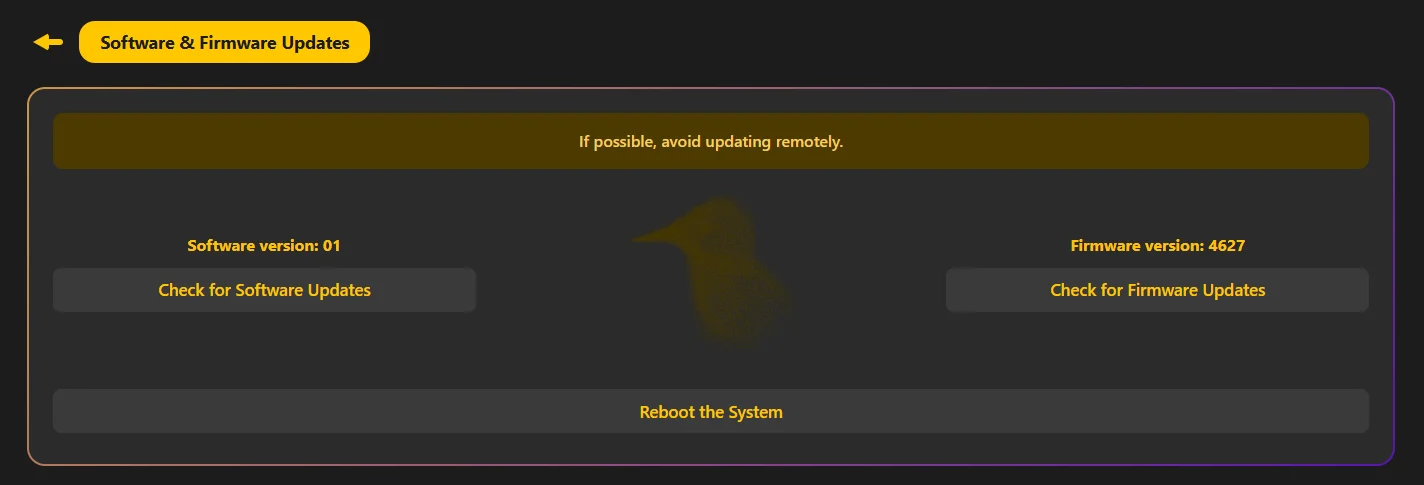 Starling Software and Firmware Updates panel — current versions and update check buttons