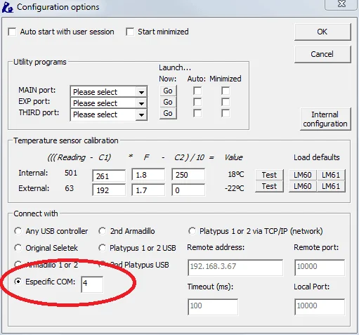 Seletek software COM port configuration screen