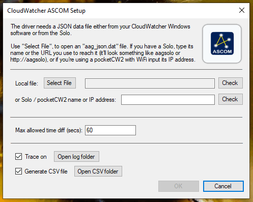 ASCOM OC&SM driver setup window, with the connection options and the max allowed time diff setting