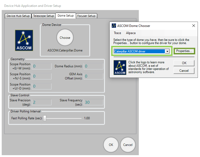 ASCOM Device Hub Dome Setup