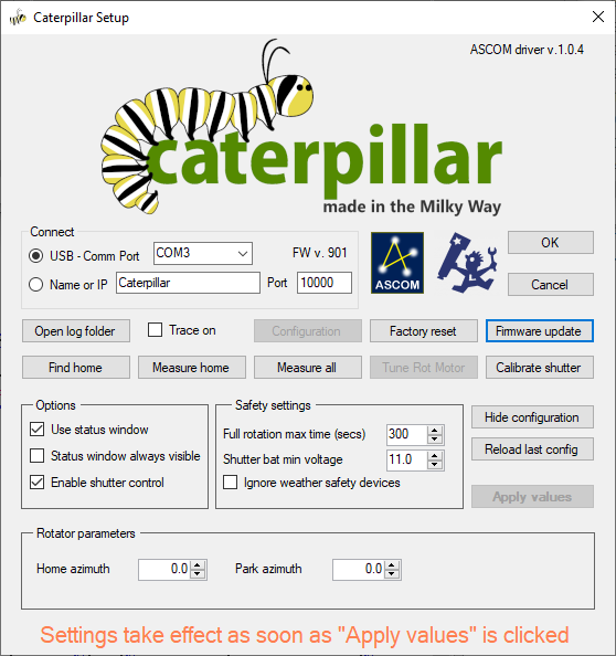 Caterpillar ASCOM driver setup window