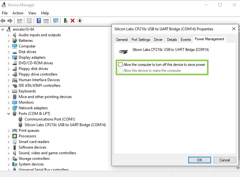 Device Manager showing the CP210x COM port