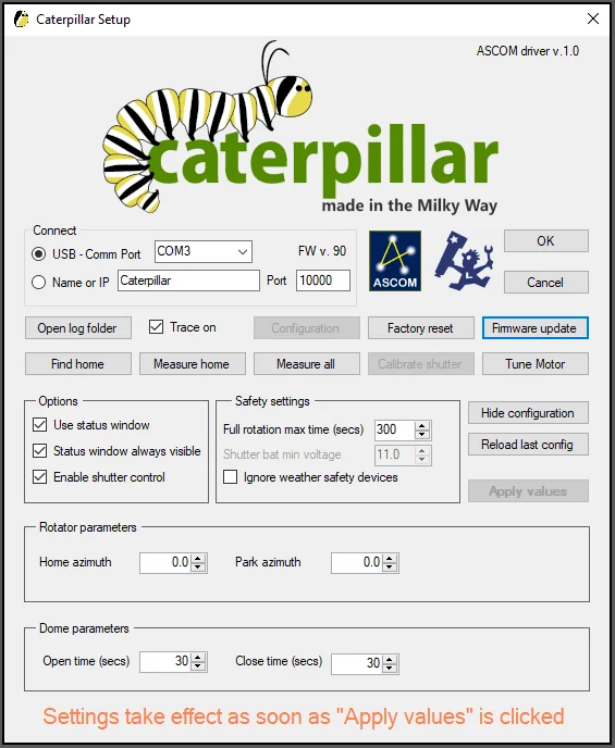Caterpillar Setup — Full configuration with safety settings, rotator and dome parameters