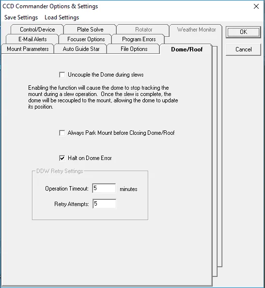 CCD Commander Options & Settings, Dome/Roof tab, showing Uncouple the Dome during slews, Always Park Mount before Closing Dome/Roof and Halt on Dome Error