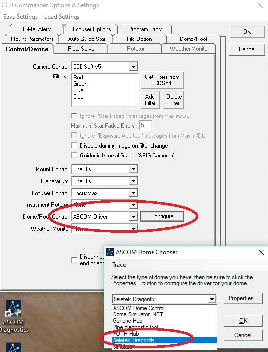 CCD Commander Options & Settings, Control/Device tab, with Dome/Roof Control set to ASCOM Driver and the ASCOM Dome Chooser showing Seletek Dragonfly selected
