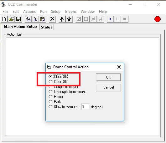 CCD Commander Main Action Setup with the Dome Control Action dialog open and the Close Slit and Open Slit options highlighted