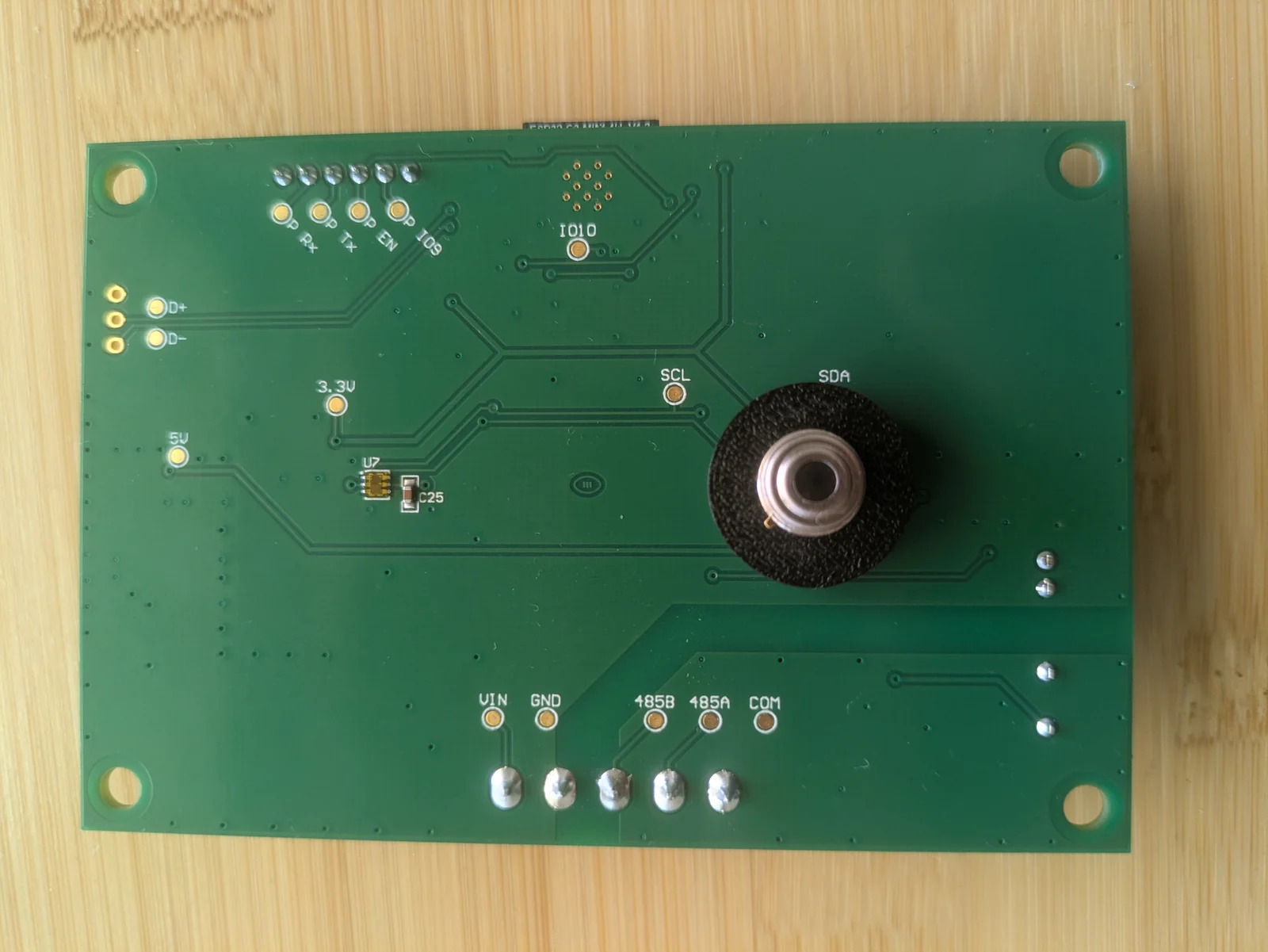 Sensor side of the CloudMonitor OEM board, with the infrared thermopile that faces the sky and the labelled test points for supply, RS-485 A and B, and the common reference