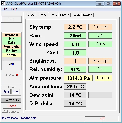 CloudWatcher 9 software—main interface with RH and pressure support