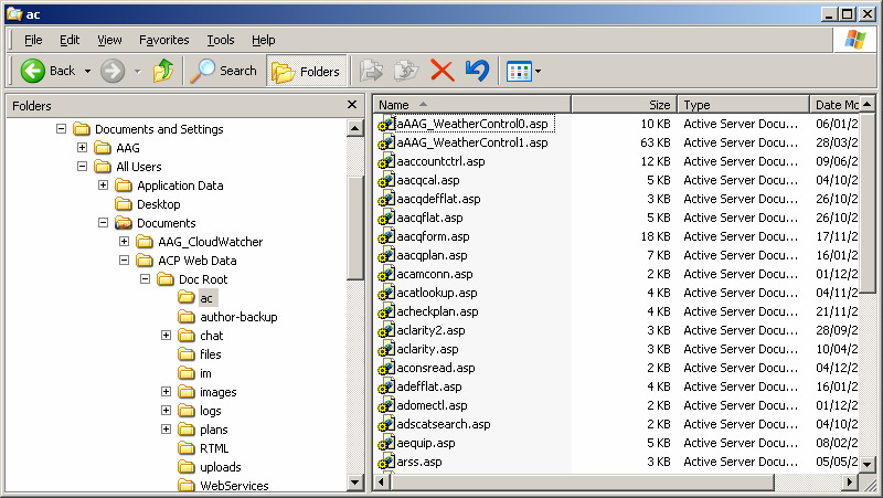 Windows Explorer showing the ACP Web Data / Doc Root / ac folder, with aAAG_WeatherControl0.asp and aAAG_WeatherControl1.asp among the files