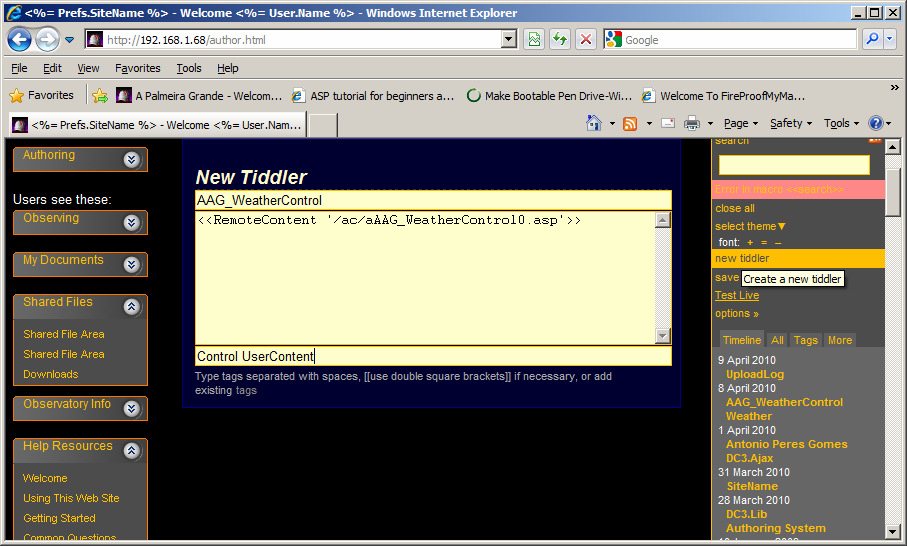 New Tiddler window in the ACP browser, with the AAG_WeatherControl content and Control UserContent tags filled in
