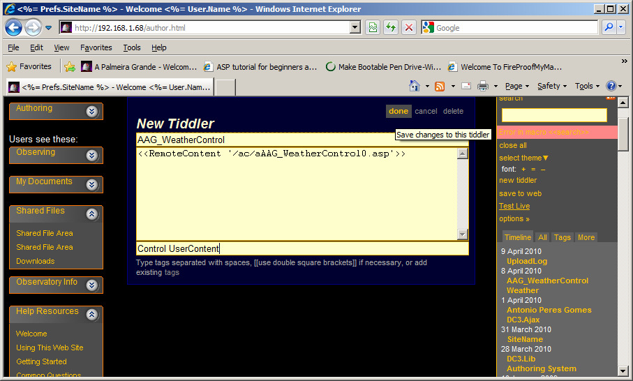 Same tiddler window with the done button tooltip showing Save changes to this tiddler