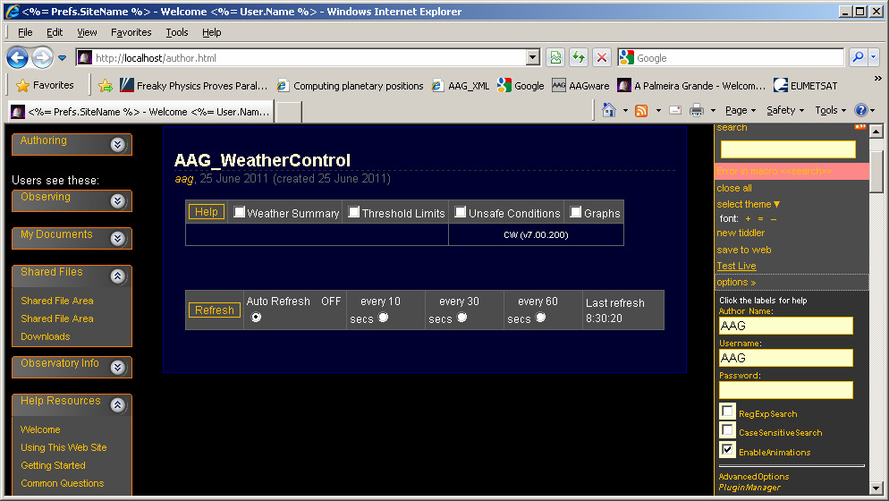 AAG_WeatherControl tiddler published and running, with Help, Weather Summary, Threshold Limits, Unsafe Conditions and Graphs checkboxes, and auto-refresh options