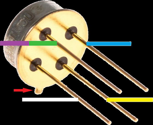 New IR sensor with its 4 pins colour-coded: purple, green and blue on top, white and yellow below, and a red arrow marking the tab