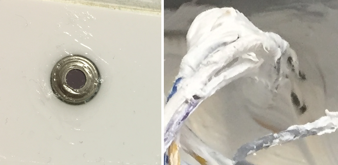 The finished sensor sealed in place, seen from outside the cover and from inside