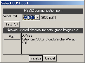 Select COM port window, with the RS232 serial port and the network shared directory path