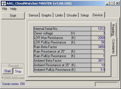 Device tab, Constants section: internal serial number, Zener voltage, LDR and Ambient resistance and beta factors