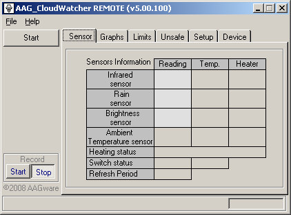 AAG_CloudWatcher REMOTE main window, Sensor tab, with Reading, Temp and Heater columns