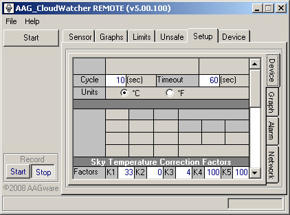 Setup tab, Device section: Cycle and Timeout in seconds, Units, and Sky Temperature Correction Factors K1-K5