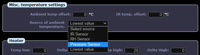 CloudWatcher SOLO web interface showing atmospheric pressure and temperature