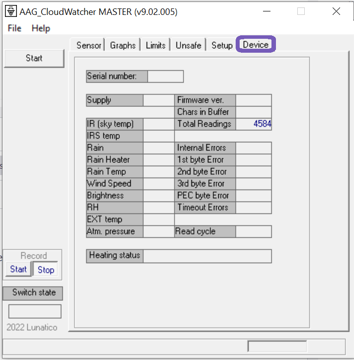 Device tab showing raw data: Serial number, Supply, IR (sky temp), Rain, Wind Speed, Brightness, RH, firmware version, internal errors and read cycle