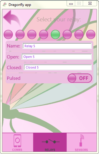 Dragonfly app—naming a relay and setting its open, closed and pulsed behaviour