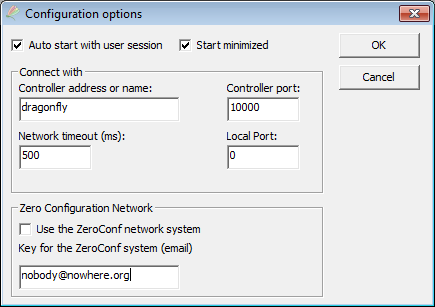 Configuration options window: auto start, start minimized, controller address/port, network timeout, local port, and Zero Configuration Network