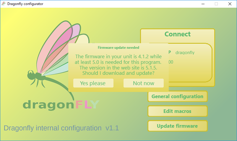 Dragonfly Configurator firmware update prompt, offering to download and update to the latest version