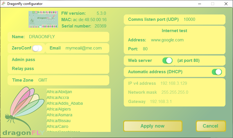 Dragonfly Configurator general configuration screen: name, ZeroConf, admin/relay passwords, timezone, network settings