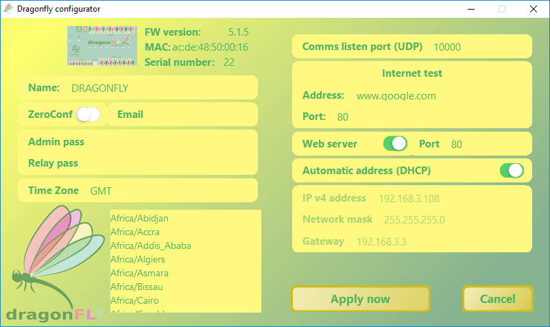 DragonFly Configurator general settings panel