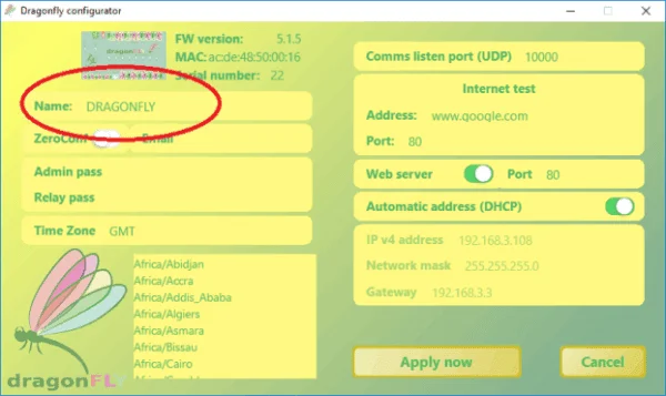 DragonFly Configurator general settings—device name