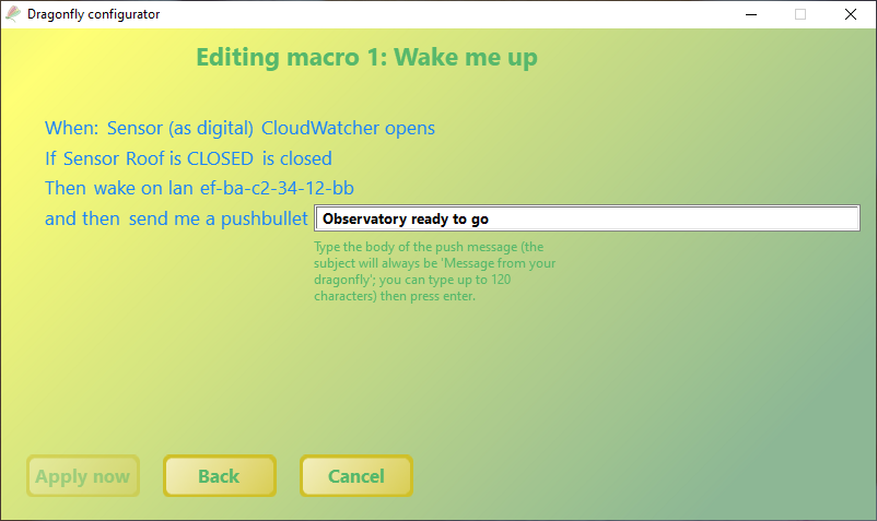 Finished macro: when the CloudWatcher sensor opens and the roof sensor is closed, wake a computer on LAN and send a PushBullet message
