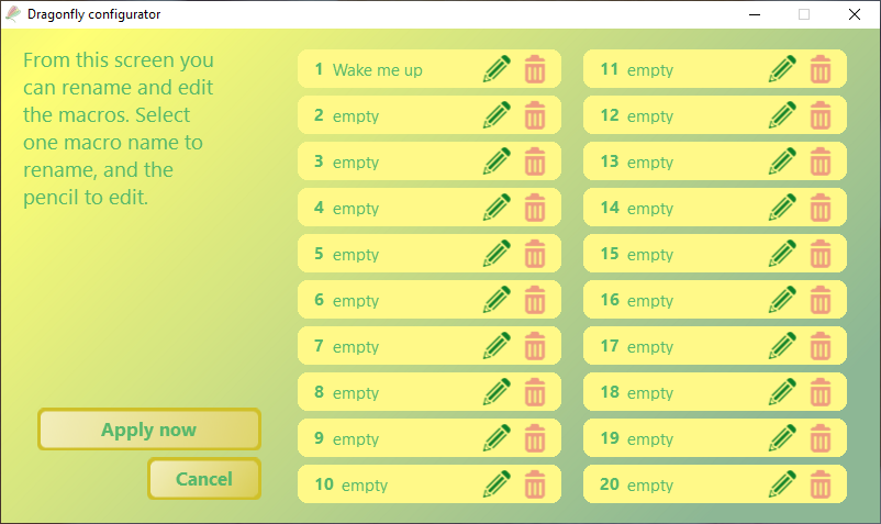 List of 20 macros, with macro 1 renamed to Wake me up and the pencil icon to edit it